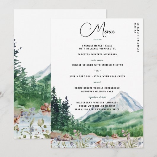 Rustieke Berg Wilde Bloem | Boho Trouwmenu Menu (Voorkant / Achterkant)