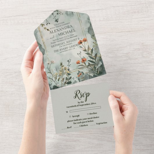 Rustieke berg Wildflower Boho bruiloft All In One Uitnodiging (Afscheurbaar)