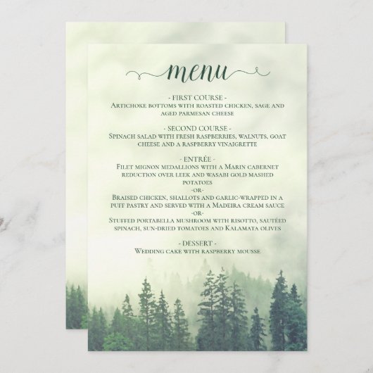 Rustieke Bergdennen Bomen Groene Bruiloft Menu (Voorkant / Achterkant)