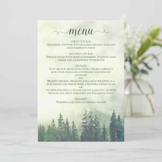 Rustieke Bergdennen Bomen Groene Bruiloft Menu (Staand voorkant)