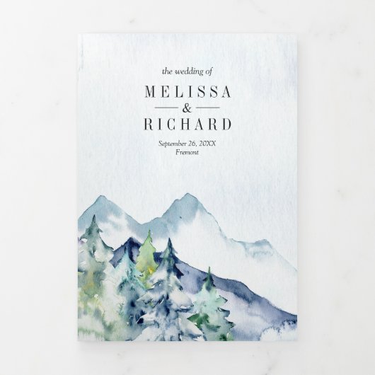 Rustieke Bergdennen Bos QR Code Bruiloft Drieluik Uitnodiging (Cover)