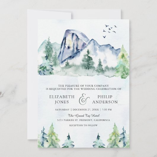 Rustieke Bergdennen Bos QR Code Bruiloft Kaart (Voorkant)