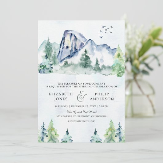 Rustieke Bergdennen Bos QR Code Bruiloft Kaart (Staand voorkant)