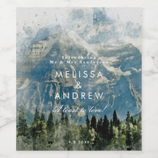 rustieke bergen aquarel bruiloft wijn fles etiket (Enkel label)