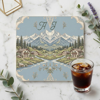 Rustieke bergen Besneeuwde Alpenbos Monogrammen Bier Onderzetter