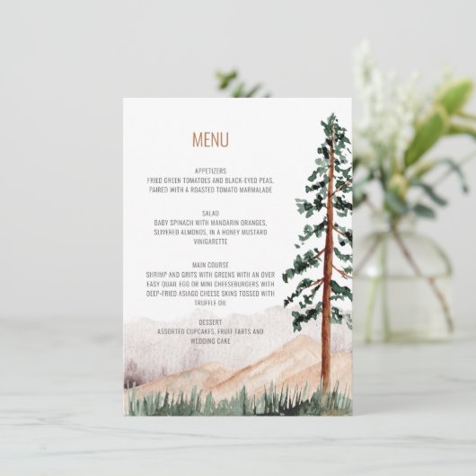Rustieke Bergen Bomen Landschap Bruiloft Menu Kaart (Staand voorkant)