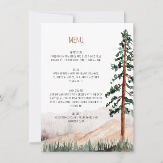 Rustieke Bergen Bomen Landschap Bruiloft Menu Kaart (Voorkant)