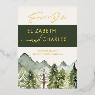 Rustieke bergen Bomen Modern Save The Date Folie Uitnodiging