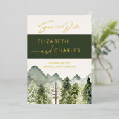 Rustieke bergen Bomen Modern Save The Date Folie Uitnodiging (Staand Voorkant)