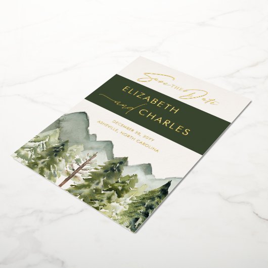 Rustieke bergen Bomen Modern Save The Date Folie Uitnodiging (Gedraaid)