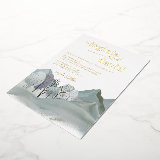 Rustieke bergen bomen winter bruiloft folie uitnodiging (Gedraaid)