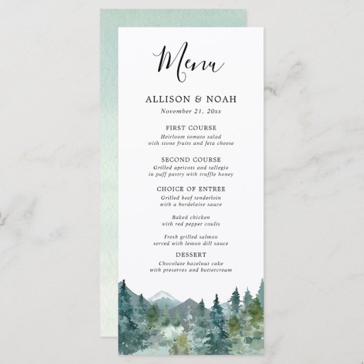 Rustieke Bergen Bos waterverf bruiloft menu (Voorkant / Achterkant)