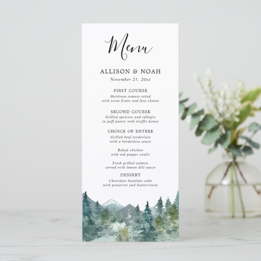 Rustieke Bergen Bos waterverf bruiloft menu (Staand voorkant)