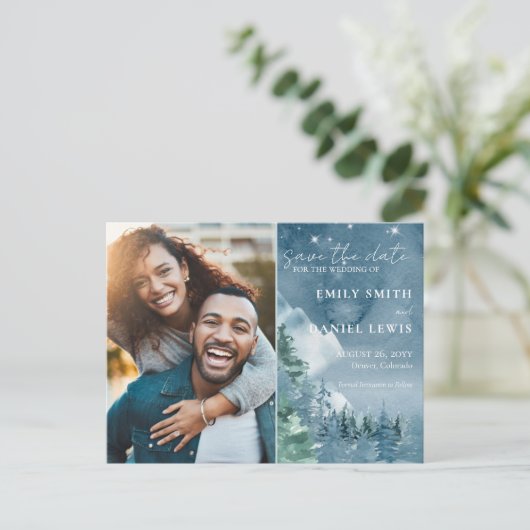 Rustieke bergen bruiloft budget Save the Date Kaar Briefkaart (Staand voorkant)