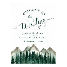 Rustieke bergen & dennen bomen bruiloft welkom tek