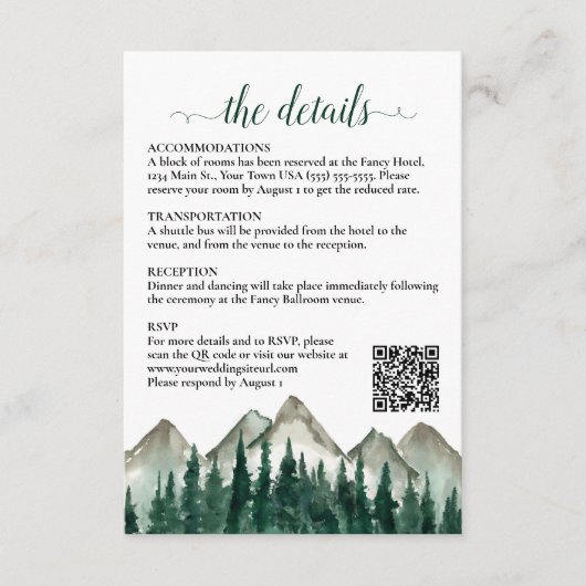 Rustieke bergen & dennen bruiloft details QR-code Informatiekaartje (Voorkant)