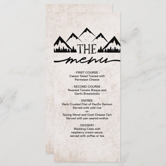 Rustieke bergen & dennenbomen Bruiloft Menu (Voorkant / Achterkant)