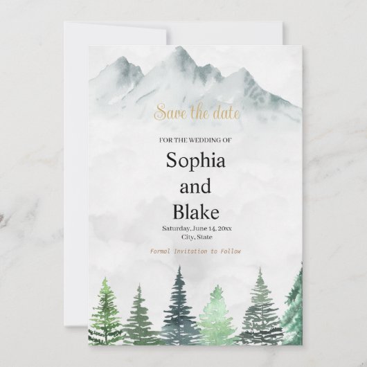 Rustieke Bergen en Bos Watercolor Trouwdag Save The Date (Voorkant)