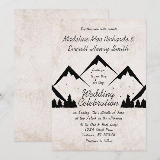Rustieke bergen en dennenbomen bruiloft uitnodigin kaart (Voorkant / Achterkant)