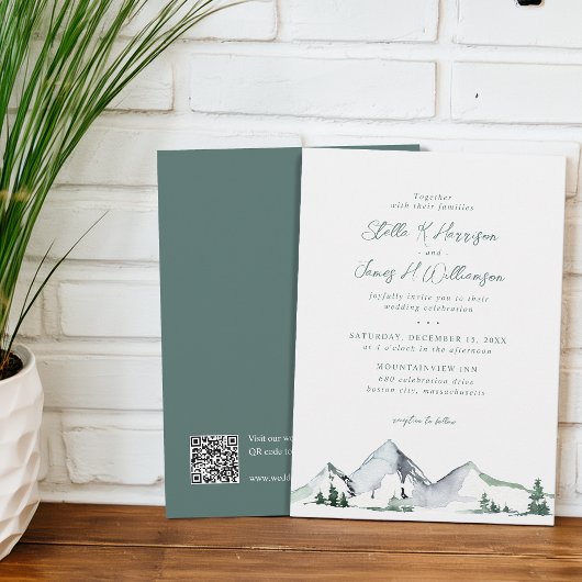 Rustieke bergen watercolor QR-code bruiloft Kaart