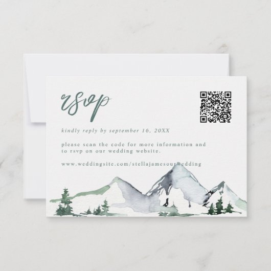 Rustieke Bergen Waterverf Bruiloft QR Code RSVP Kaartje (Voorkant)