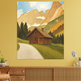 Rustieke berghut wandkunst afdruk canvas afdruk