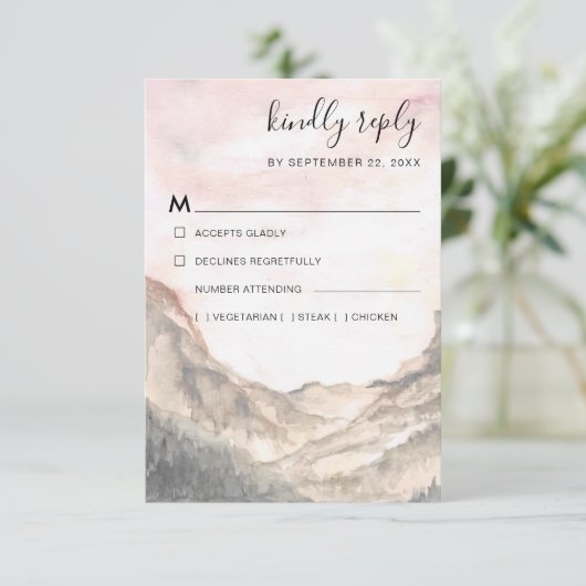 Rustieke bergketen Waterverf Roze Maaltijd Keuze RSVP Kaartje (Staand voorkant)