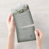 Rustieke bergnevel bos groen QR-code All In One Uitnodiging (Afscheurbaar)