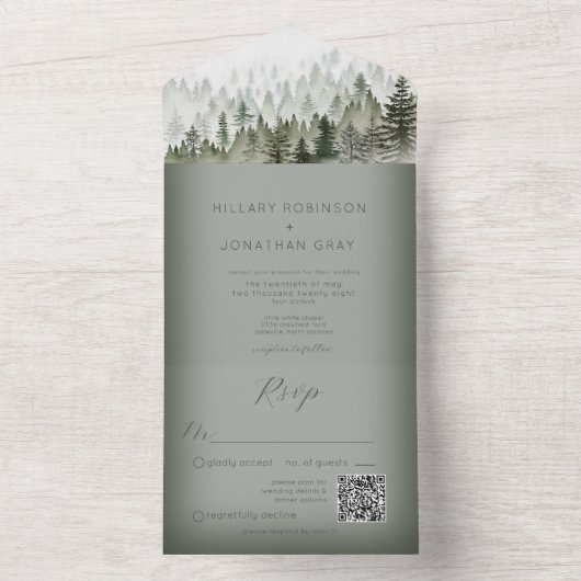 Rustieke bergnevel bos groen QR-code All In One Uitnodiging (Binnen)