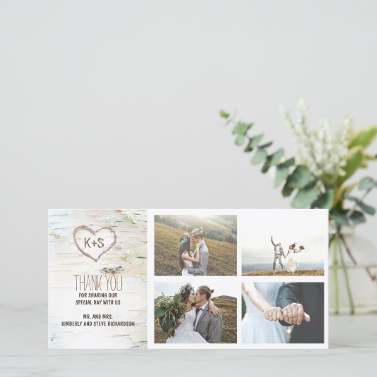 Rustieke berk bark hart bruiloft dank u bedankkaart (Staand voorkant)