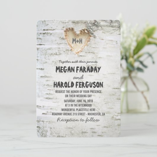 Rustieke berk bark hart bruiloft kaart (Staand voorkant)