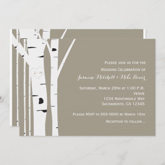 Rustieke berk boom gesneden hart bruiloft uitnodig kaart (Voorkant / Achterkant)