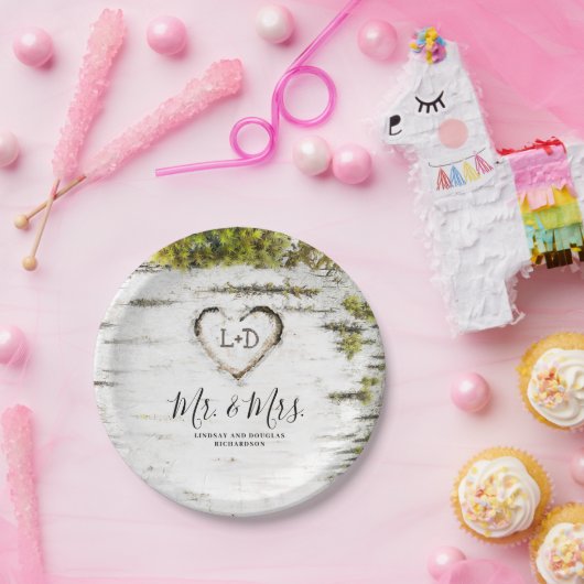 Rustieke berk boom hart val bruiloft papieren bordje (Feest)