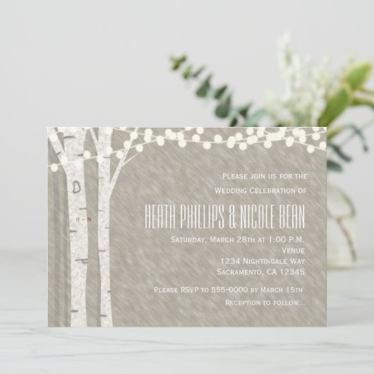 Rustieke berk boom string verlichting bruiloft uit kaart (Staand voorkant)