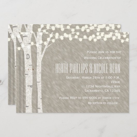 Rustieke berk boom string verlichting bruiloft uit kaart (Voorkant / Achterkant)