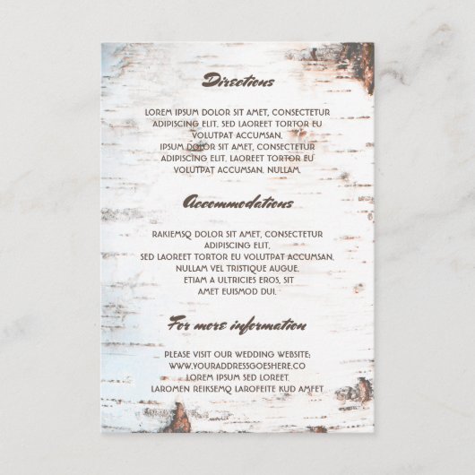 Rustieke berk bruiloft details - Informatie Informatiekaartje (Voorkant)