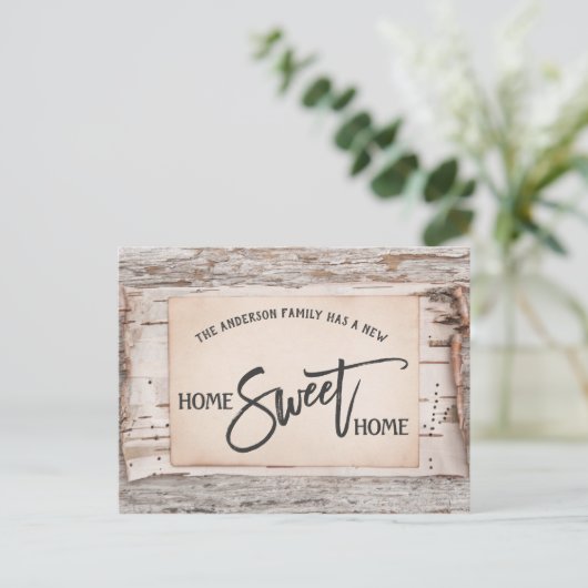 Rustieke berk huis lief huis bewegende aankondigin briefkaart (Staand voorkant)