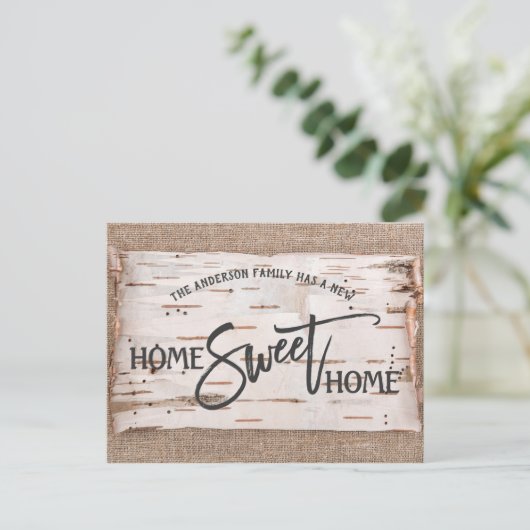 Rustieke berk huis lief huis bewegende aankondigin briefkaart (Staand voorkant)