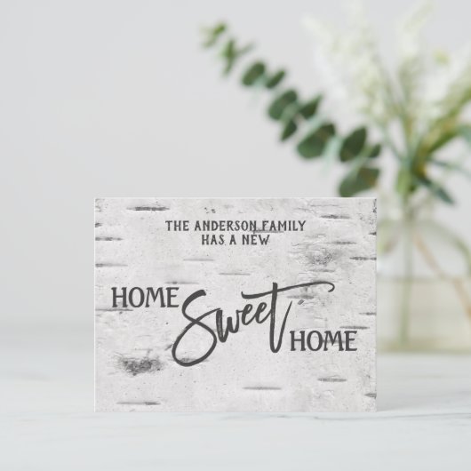 Rustieke berk huis lief huis bewegende aankondigin briefkaart (Staand voorkant)