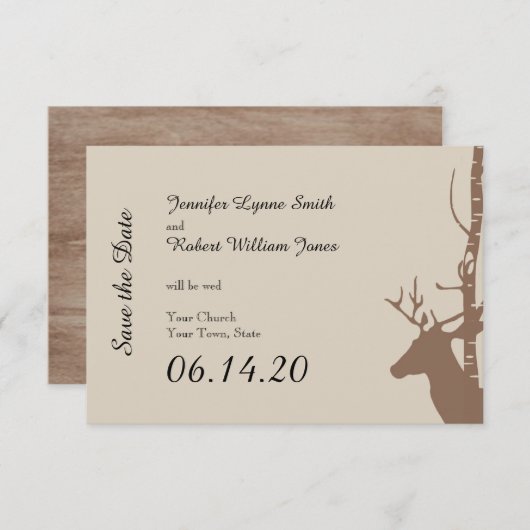 Rustieke berken bomen en herten bruiloft opslaan v save the date (Voorkant / Achterkant)