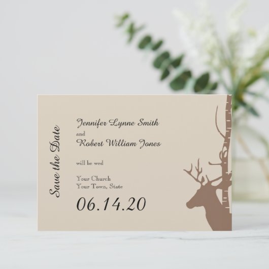 Rustieke berken bomen en herten bruiloft opslaan v save the date (Staand voorkant)