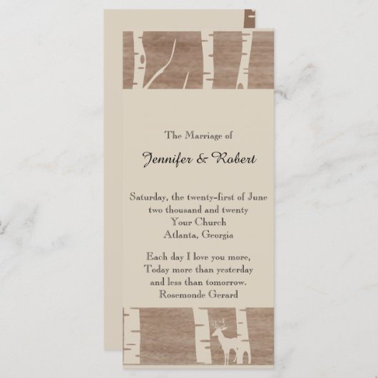 Rustieke berken bomen en herten bruiloft programma programmakaart (Voorkant / Achterkant)