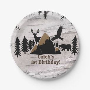 Rustieke berken buitenwildernis eerste verjaardag papieren bordje