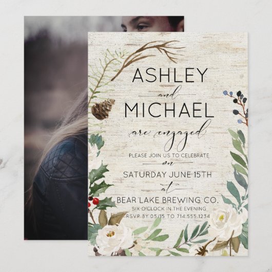 Rustieke Berken Winter Foto Typografie Party Kaart (Voorkant / Achterkant)