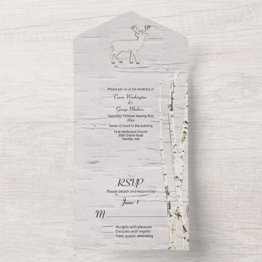 Rustieke berkenbomen en herten bruiloft all in one uitnodiging (Binnen)