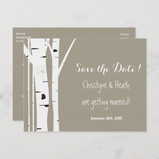 Rustieke berkenboom gesneden hart opslaan datum Br Aankondigingskaart (Voorkant / Achterkant)