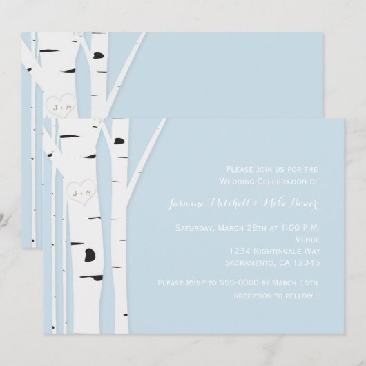 Rustieke berkenboom hart blauw bruiloft uitnodigin kaart (Voorkant / Achterkant)