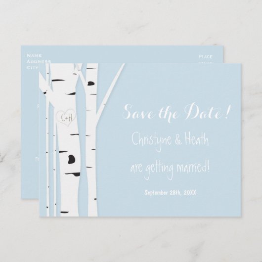 Rustieke Berkenboom Hart Blauw Save Date Briefkaar Aankondigingskaart (Voorkant / Achterkant)