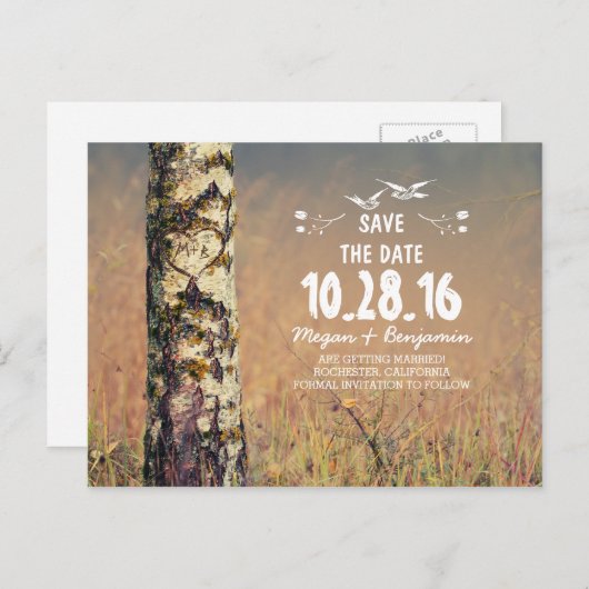 Rustieke berkenboom hart land save the date aankondigingskaart (Voorkant / Achterkant)