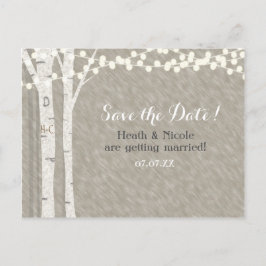 Rustieke berkenboom slingerlichten Save the Date b Aankondigingskaart